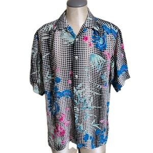 Genelli Men's M Short Sleeve Silk Shirt Black And White Polka Dot Floral